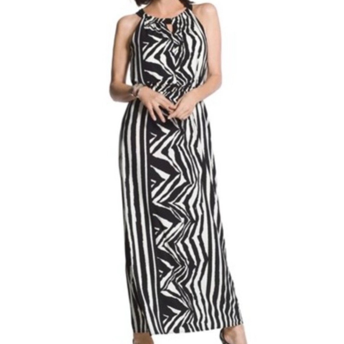 Chicos Zebra Print Maxi Dress Black White Halter Neck Elastic Waist Size 2 L